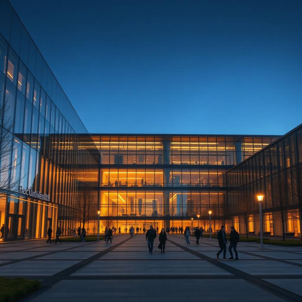 Moderner Universitätscampus bei Dämmerung